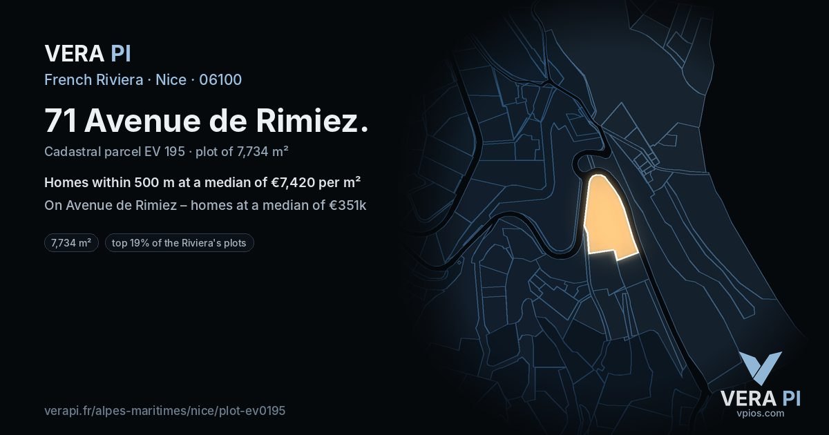 71 Avenue de Rimiez, Nice at night – the plot lit, the parcels around coloured by the prices near them