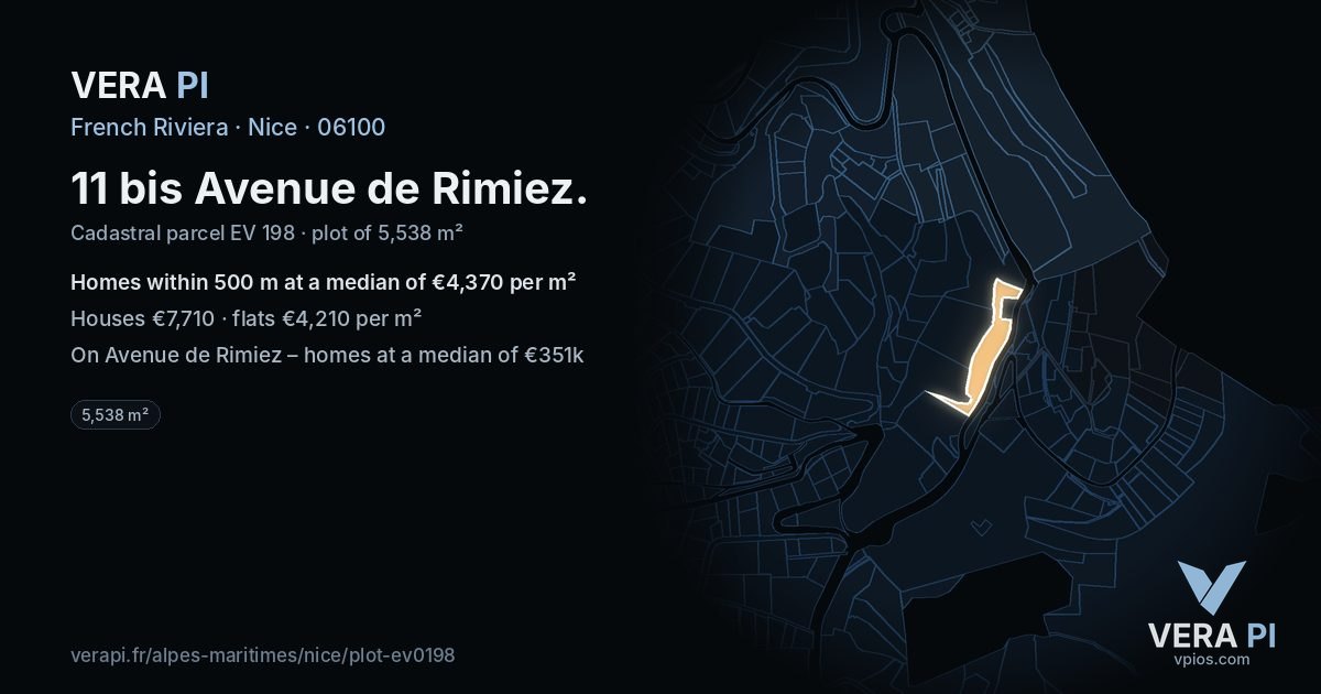 11 bis Avenue de Rimiez, Nice at night – the plot lit, the parcels around coloured by the prices near them