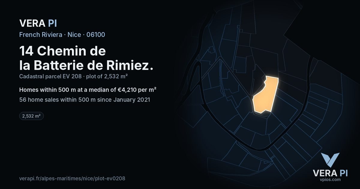 14 Chemin de la Batterie de Rimiez, Nice at night – the plot lit, the parcels around coloured by the prices near them