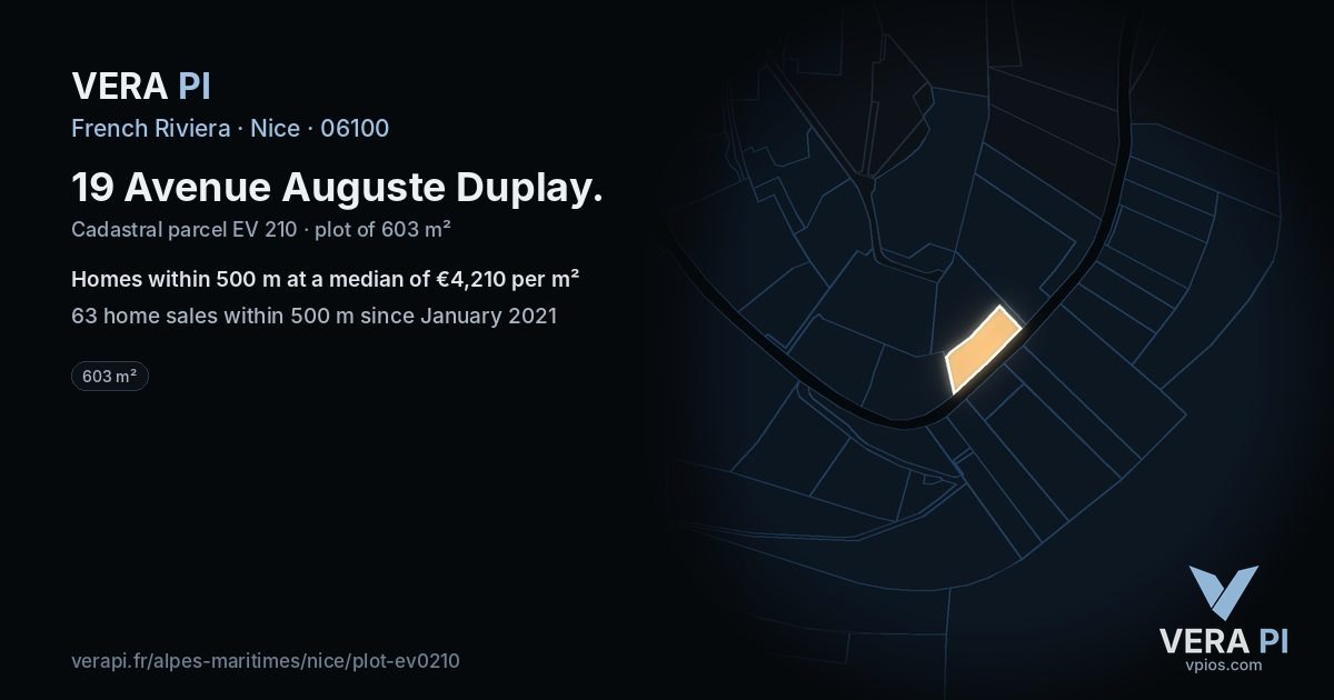 19 Avenue Auguste Duplay, Nice at night – the plot lit, the parcels around coloured by the prices near them