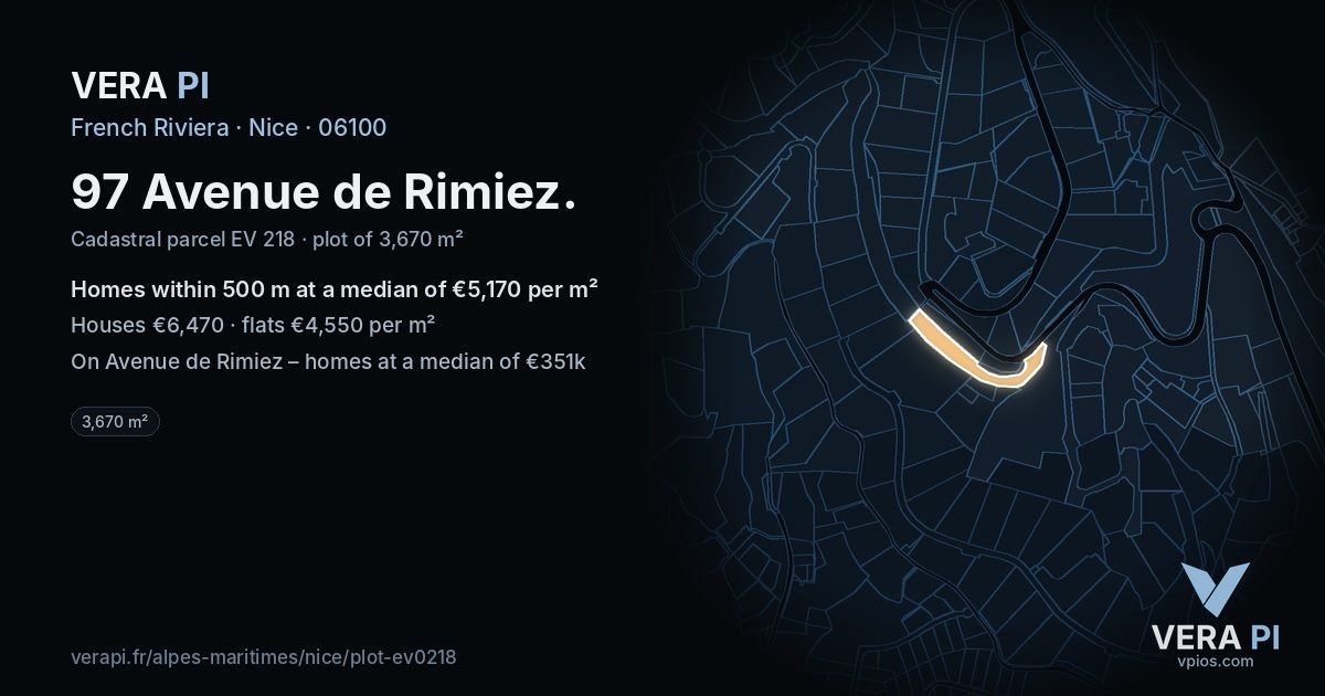 97 Avenue de Rimiez, Nice at night – the plot lit, the parcels around coloured by the prices near them