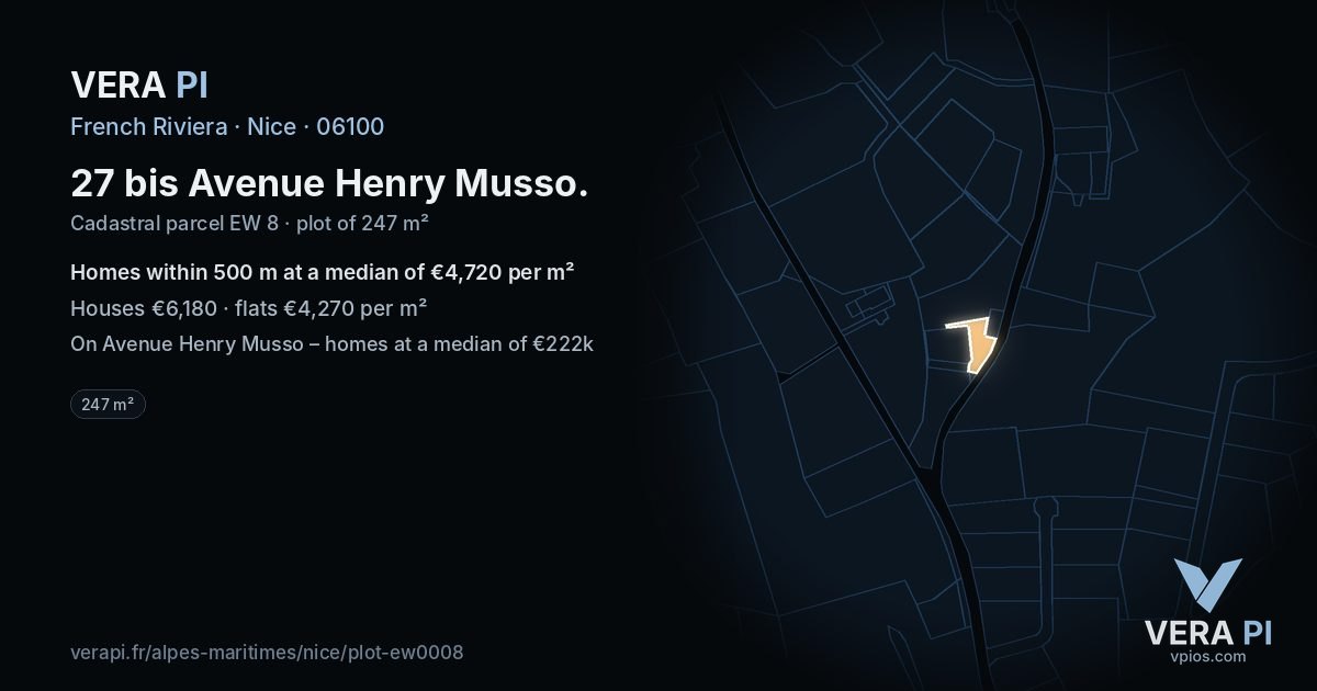 27 bis Avenue Henry Musso, Nice at night – the plot lit, the parcels around coloured by the prices near them