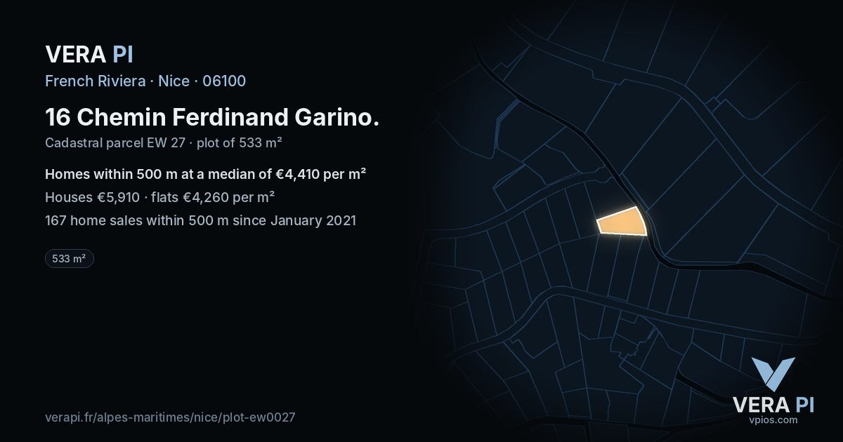 16 Chemin Ferdinand Garino, Nice at night – the plot lit, the parcels around coloured by the prices near them