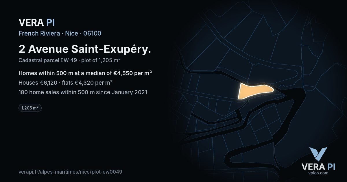 2 Avenue Saint-Exupéry, Nice at night – the plot lit, the parcels around coloured by the prices near them
