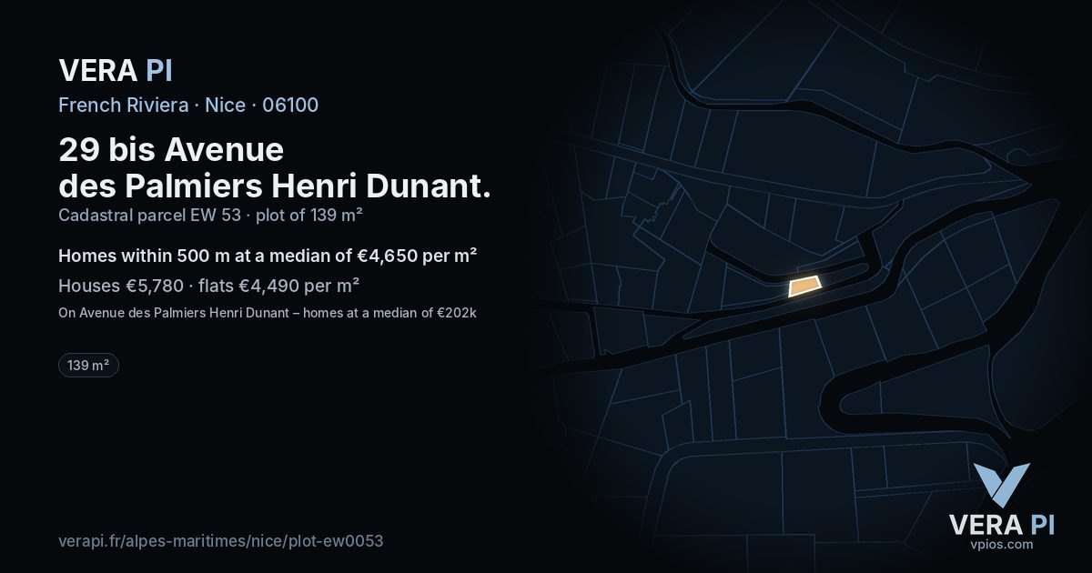 29 bis Avenue des Palmiers Henri Dunant, Nice at night – the plot lit, the parcels around coloured by the prices near them