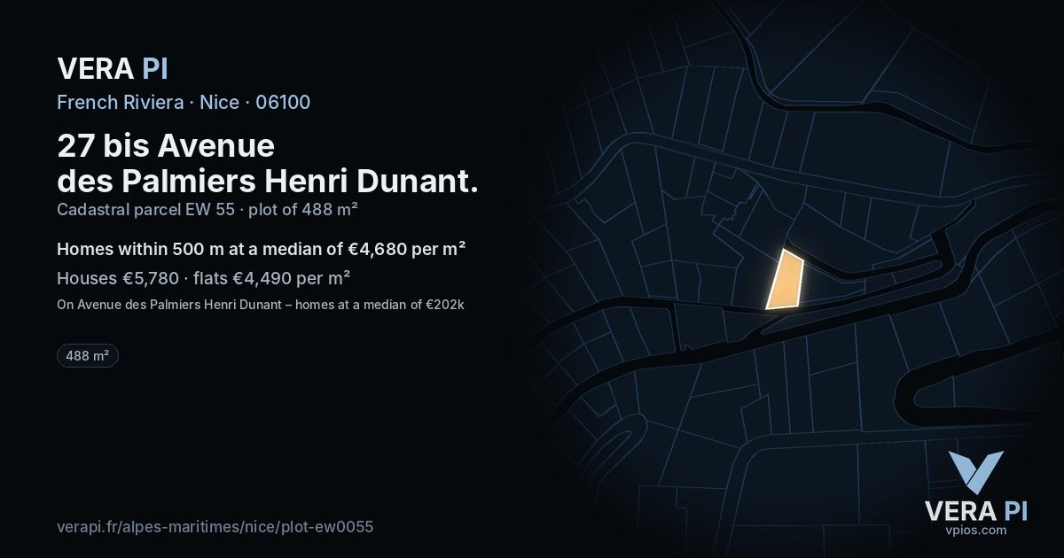 27 bis Avenue des Palmiers Henri Dunant, Nice at night – the plot lit, the parcels around coloured by the prices near them