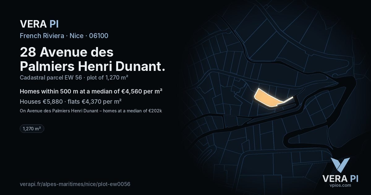 28 Avenue des Palmiers Henri Dunant, Nice at night – the plot lit, the parcels around coloured by the prices near them