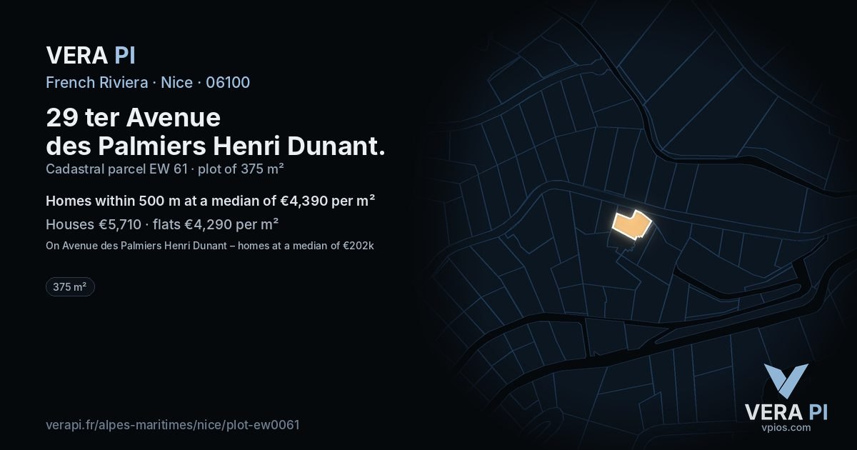 29 ter Avenue des Palmiers Henri Dunant, Nice at night – the plot lit, the parcels around coloured by the prices near them