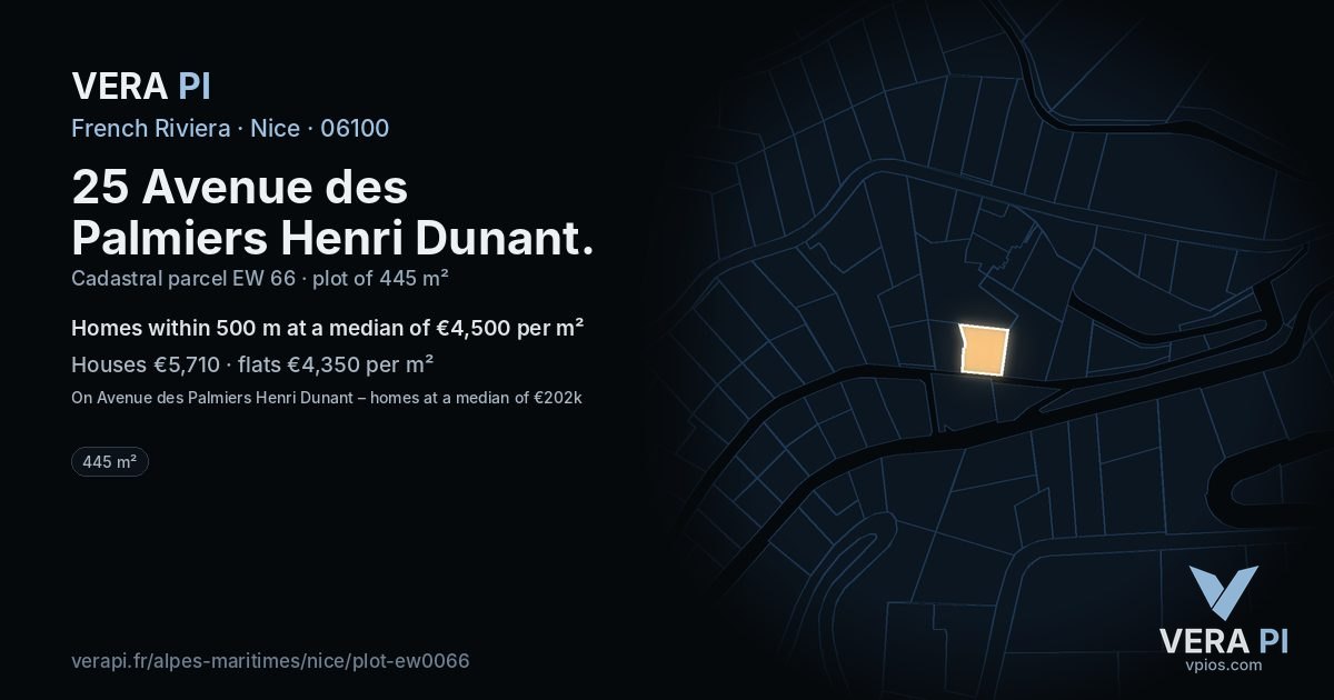 25 Avenue des Palmiers Henri Dunant, Nice at night – the plot lit, the parcels around coloured by the prices near them
