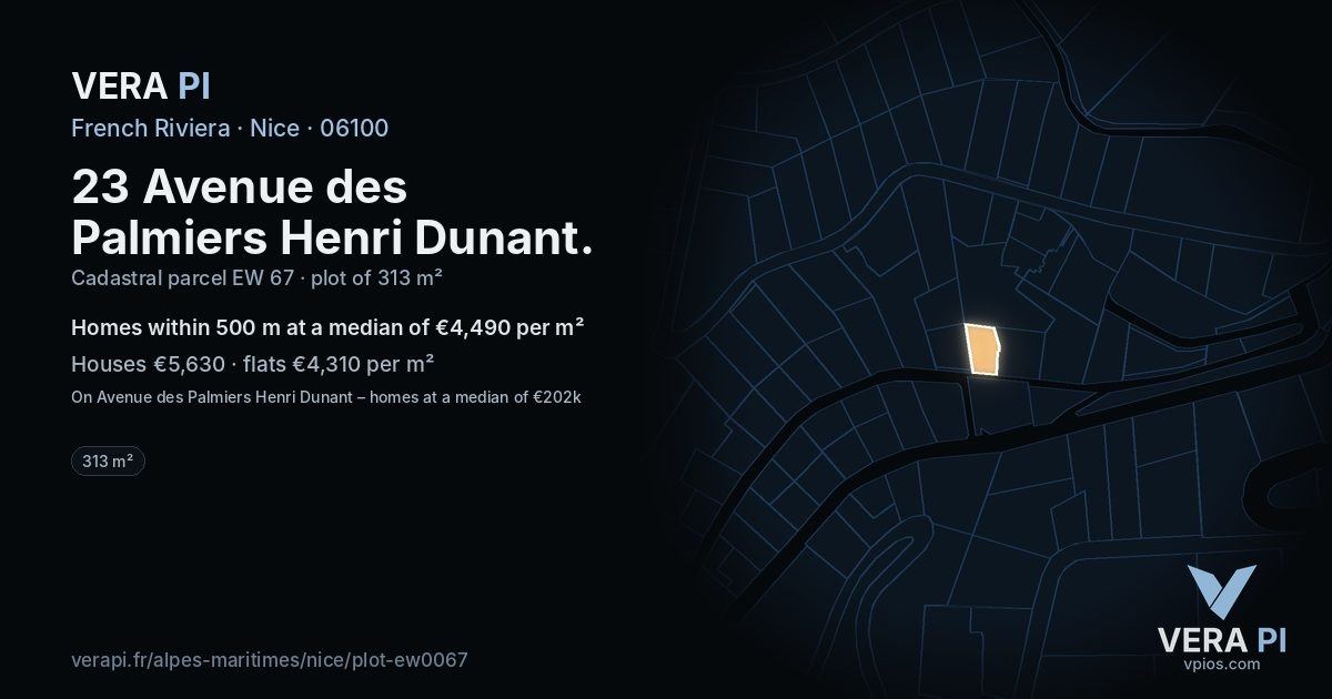 23 Avenue des Palmiers Henri Dunant, Nice at night – the plot lit, the parcels around coloured by the prices near them