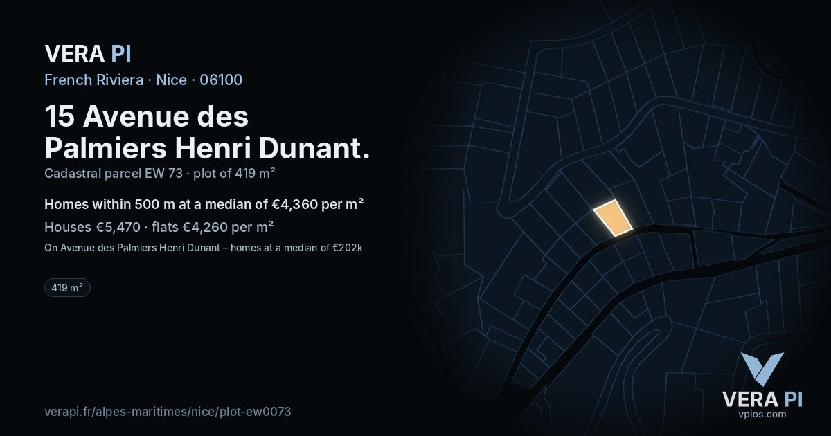 15 Avenue des Palmiers Henri Dunant, Nice at night – the plot lit, the parcels around coloured by the prices near them