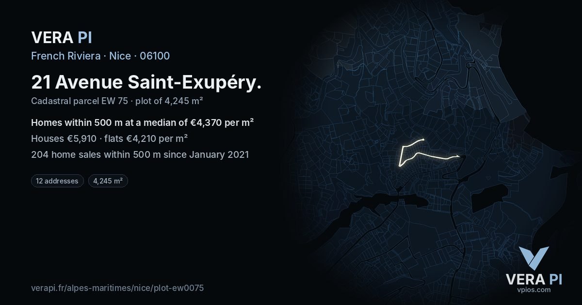 21 Avenue Saint-Exupéry, Nice at night – the plot lit, the parcels around coloured by the prices near them