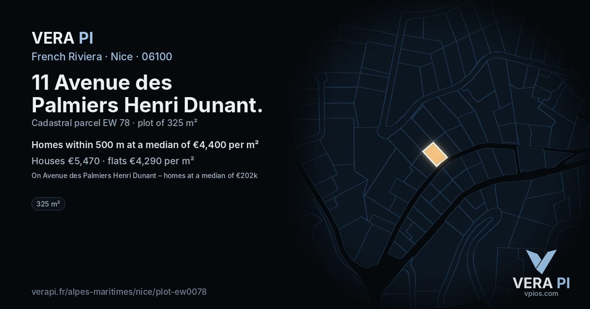 11 Avenue des Palmiers Henri Dunant, Nice at night – the plot lit, the parcels around coloured by the prices near them