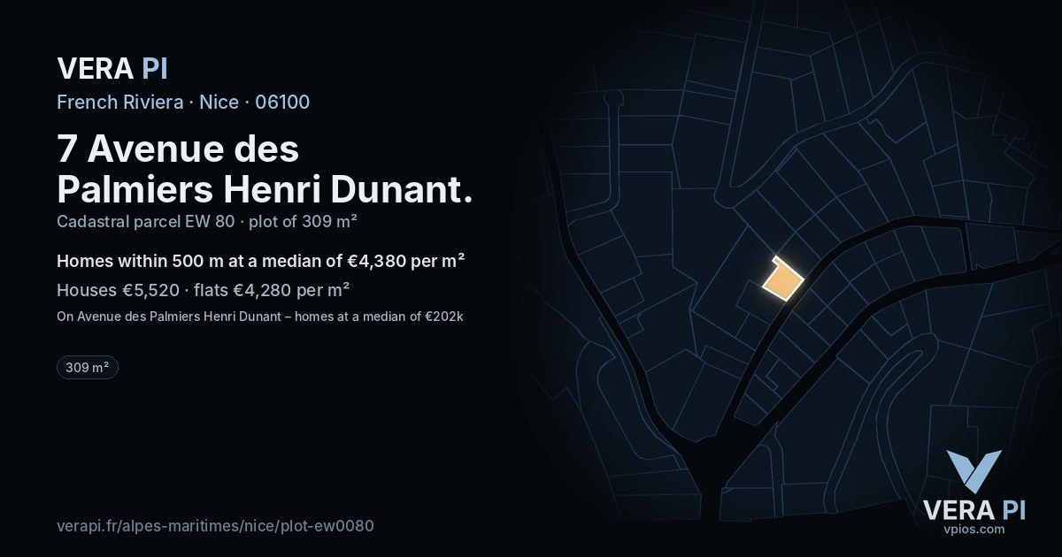 7 Avenue des Palmiers Henri Dunant, Nice at night – the plot lit, the parcels around coloured by the prices near them