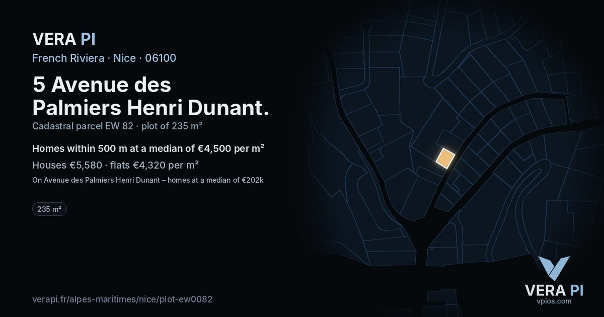 5 Avenue des Palmiers Henri Dunant, Nice at night – the plot lit, the parcels around coloured by the prices near them