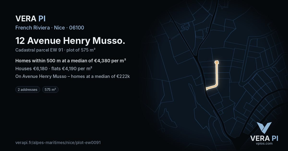 12 Avenue Henry Musso, Nice at night – the plot lit, the parcels around coloured by the prices near them