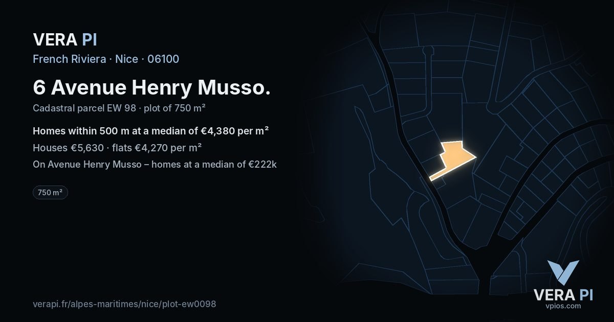 6 Avenue Henry Musso, Nice at night – the plot lit, the parcels around coloured by the prices near them