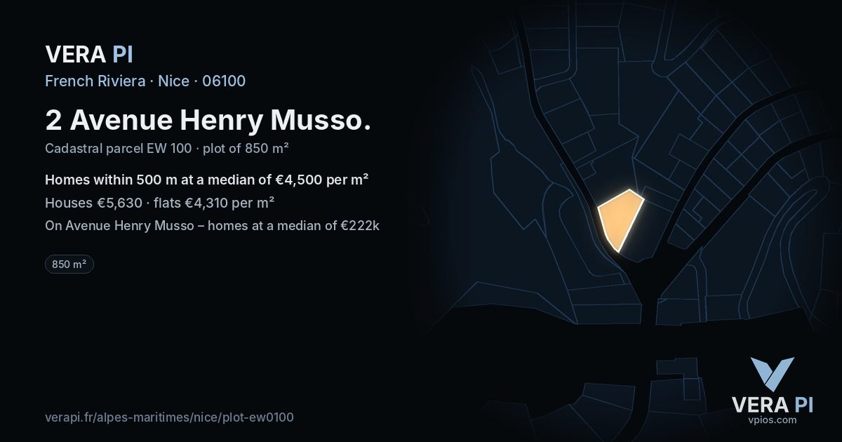 2 Avenue Henry Musso, Nice at night – the plot lit, the parcels around coloured by the prices near them