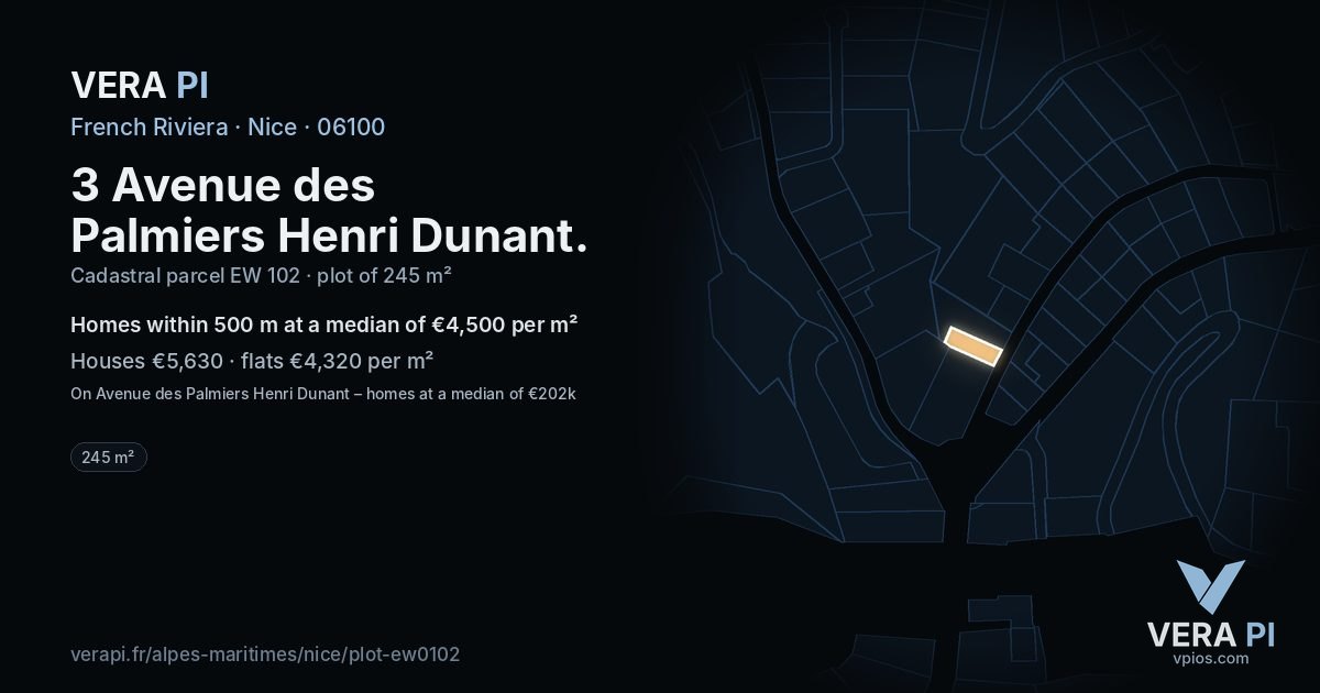 3 Avenue des Palmiers Henri Dunant, Nice at night – the plot lit, the parcels around coloured by the prices near them