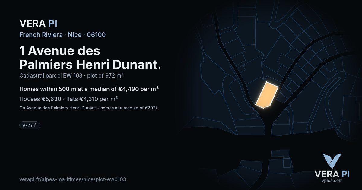 1 Avenue des Palmiers Henri Dunant, Nice at night – the plot lit, the parcels around coloured by the prices near them