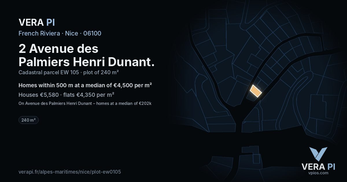 2 Avenue des Palmiers Henri Dunant, Nice at night – the plot lit, the parcels around coloured by the prices near them
