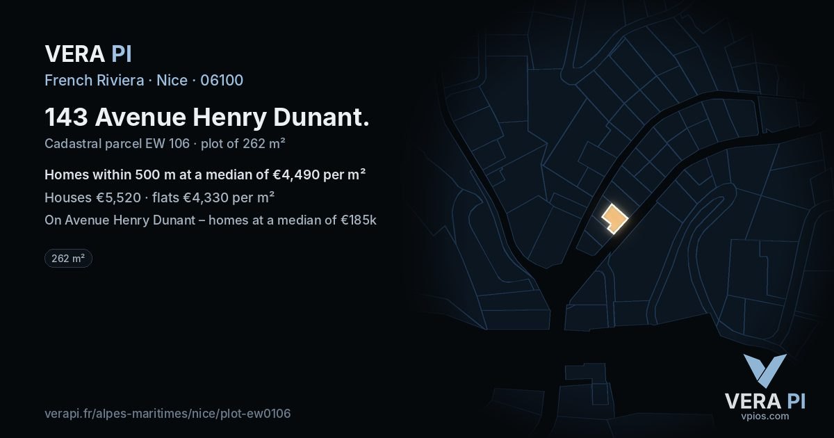 143 Avenue Henry Dunant, Nice at night – the plot lit, the parcels around coloured by the prices near them