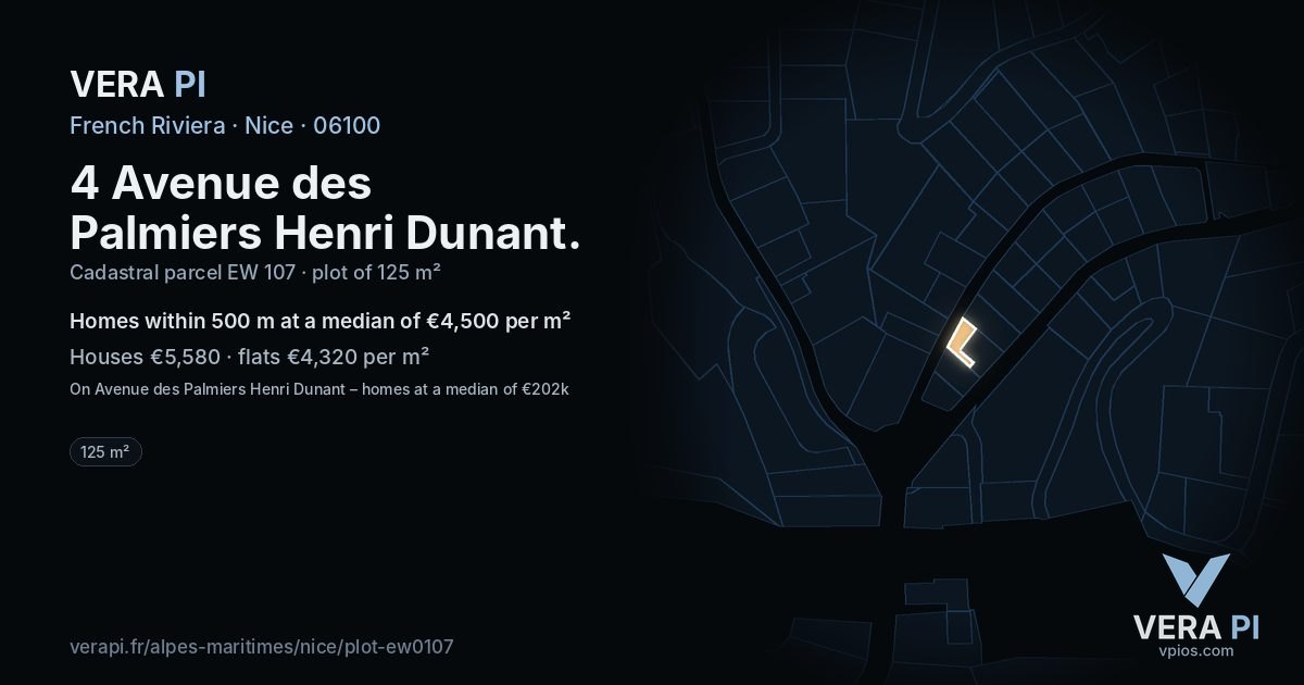 4 Avenue des Palmiers Henri Dunant, Nice at night – the plot lit, the parcels around coloured by the prices near them