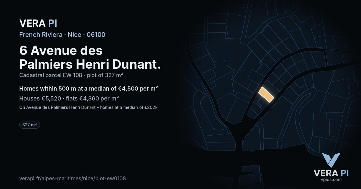 6 Avenue des Palmiers Henri Dunant, Nice at night – the plot lit, the parcels around coloured by the prices near them