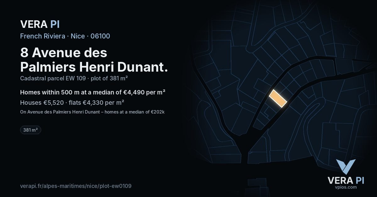 8 Avenue des Palmiers Henri Dunant, Nice at night – the plot lit, the parcels around coloured by the prices near them