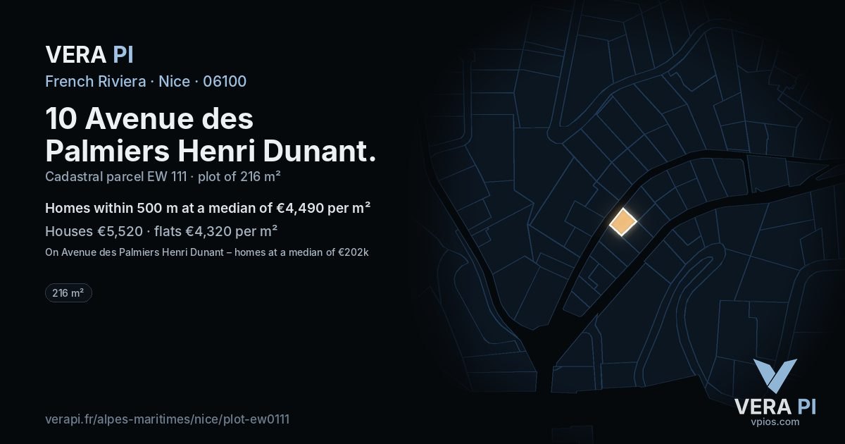 10 Avenue des Palmiers Henri Dunant, Nice at night – the plot lit, the parcels around coloured by the prices near them