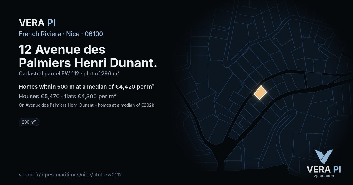 12 Avenue des Palmiers Henri Dunant, Nice at night – the plot lit, the parcels around coloured by the prices near them