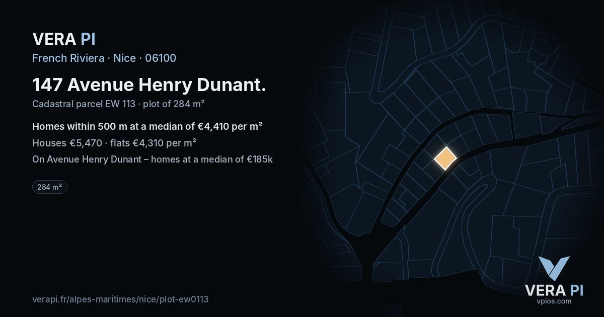 147 Avenue Henry Dunant, Nice at night – the plot lit, the parcels around coloured by the prices near them