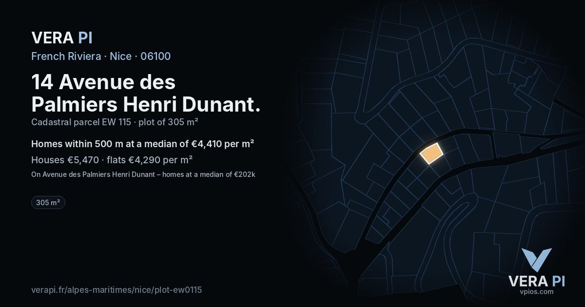 14 Avenue des Palmiers Henri Dunant, Nice at night – the plot lit, the parcels around coloured by the prices near them