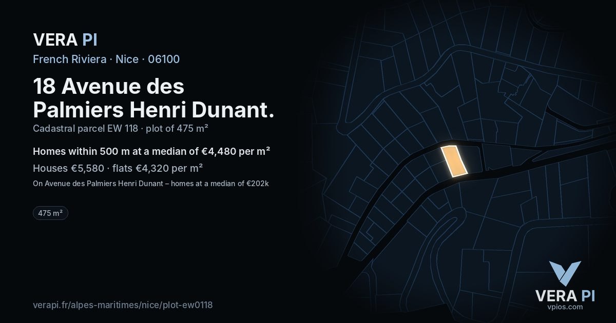 18 Avenue des Palmiers Henri Dunant, Nice at night – the plot lit, the parcels around coloured by the prices near them