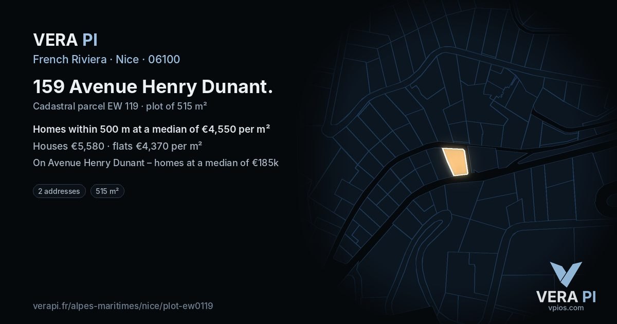 159 Avenue Henry Dunant, Nice at night – the plot lit, the parcels around coloured by the prices near them