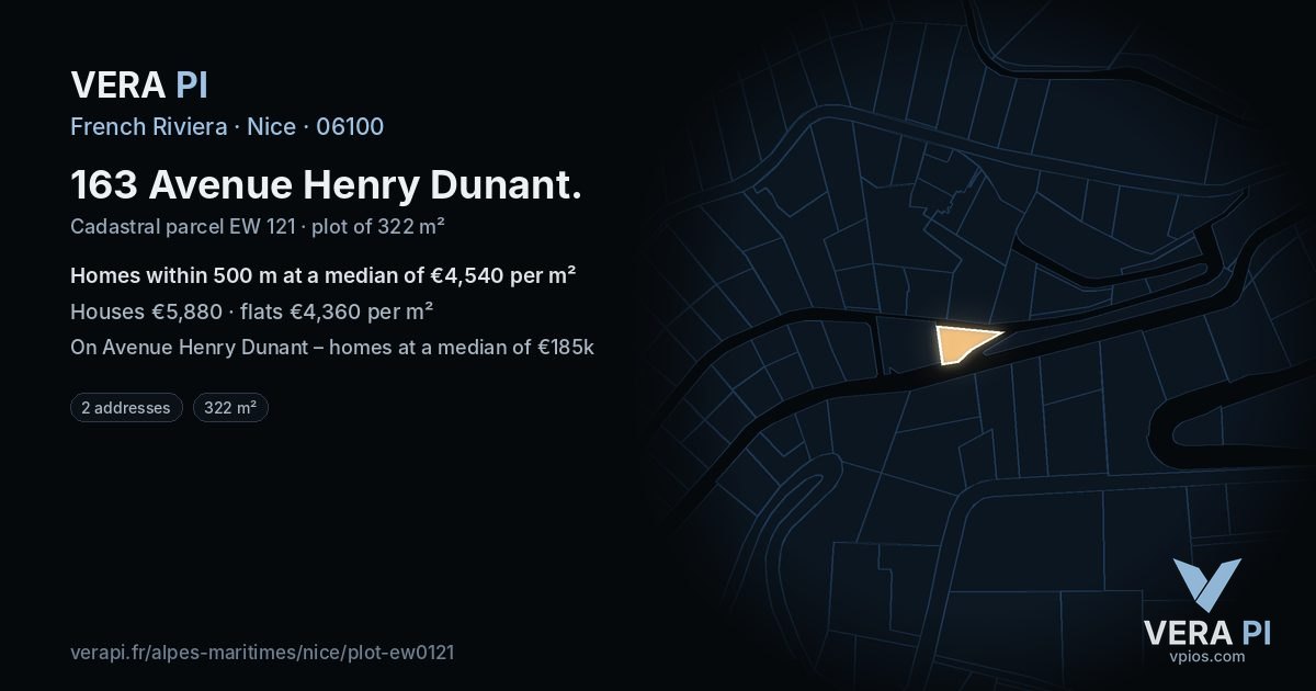 163 Avenue Henry Dunant, Nice at night – the plot lit, the parcels around coloured by the prices near them