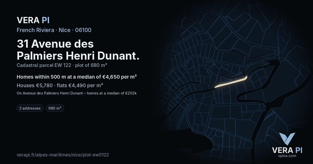 31 Avenue des Palmiers Henri Dunant, Nice at night – the plot lit, the parcels around coloured by the prices near them