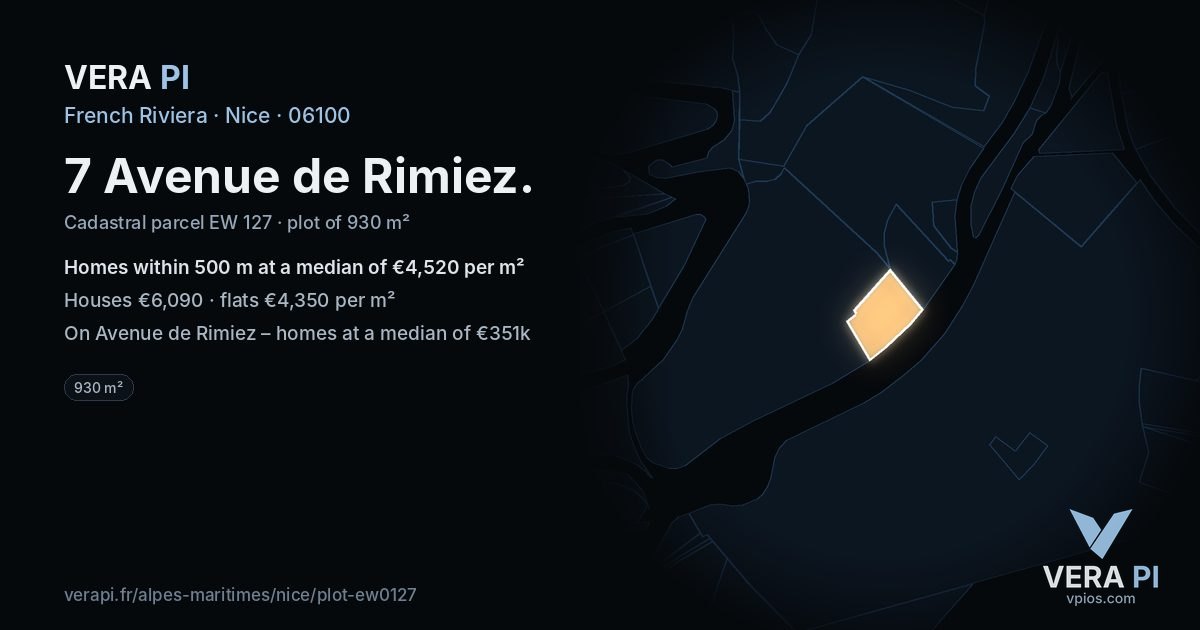 7 Avenue de Rimiez, Nice at night – the plot lit, the parcels around coloured by the prices near them