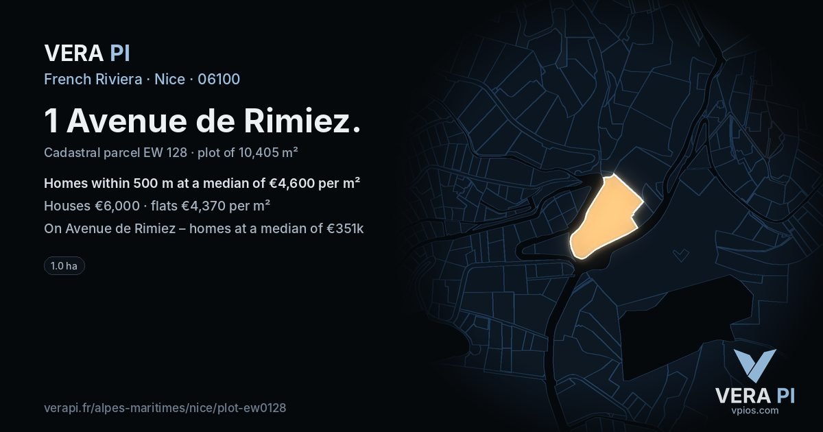 1 Avenue de Rimiez, Nice at night – the plot lit, the parcels around coloured by the prices near them