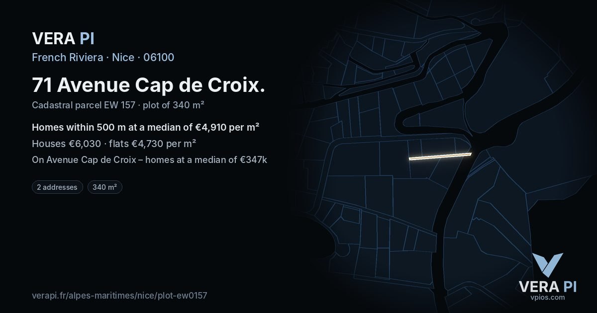 71 Avenue Cap de Croix, Nice at night – the plot lit, the parcels around coloured by the prices near them