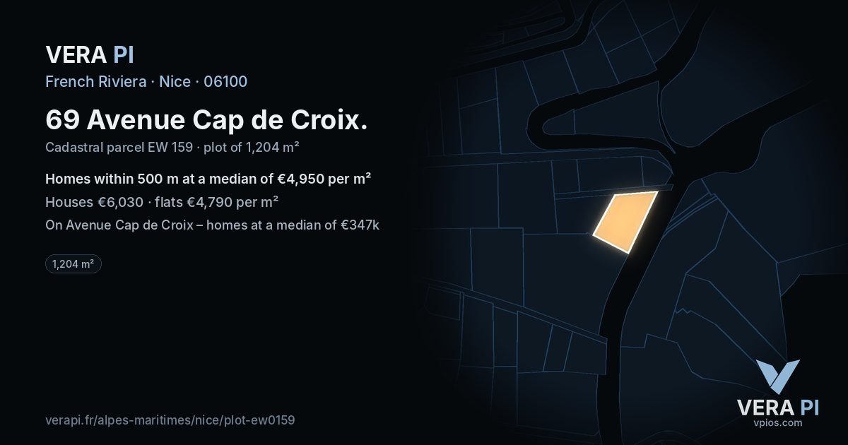 69 Avenue Cap de Croix, Nice at night – the plot lit, the parcels around coloured by the prices near them