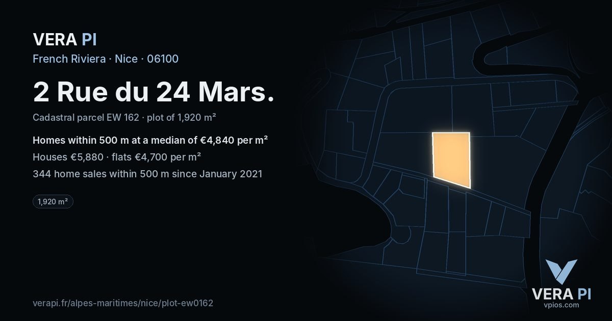 2 Rue du 24 Mars, Nice at night – the plot lit, the parcels around coloured by the prices near them
