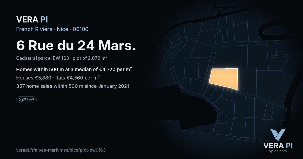 6 Rue du 24 Mars, Nice at night – the plot lit, the parcels around coloured by the prices near them