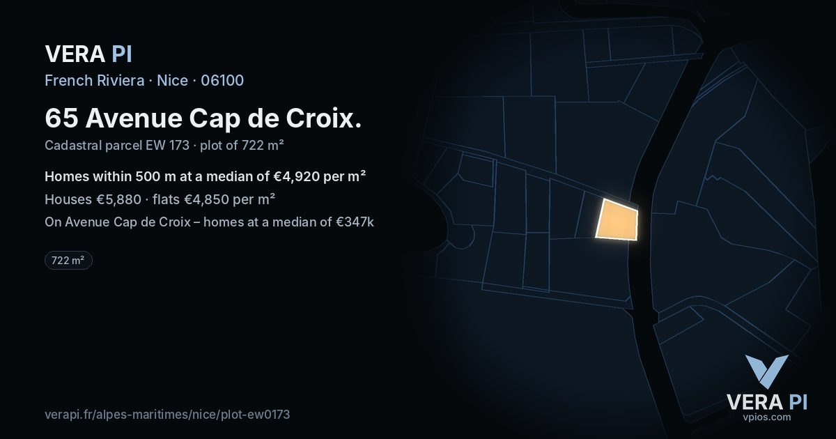 65 Avenue Cap de Croix, Nice at night – the plot lit, the parcels around coloured by the prices near them