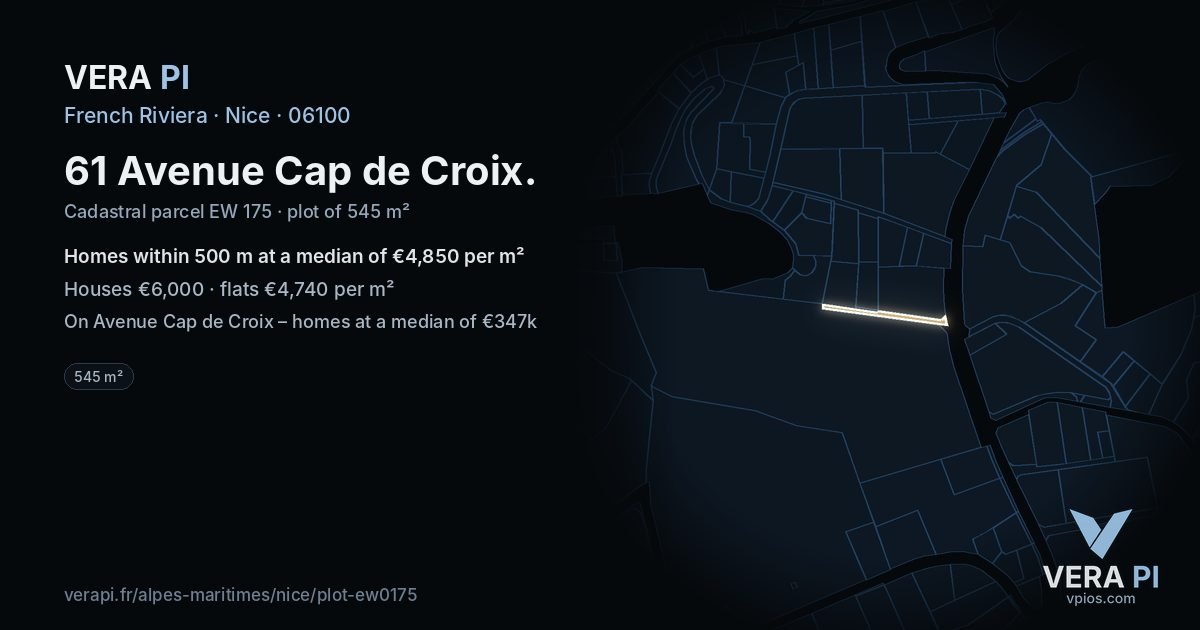 61 Avenue Cap de Croix, Nice at night – the plot lit, the parcels around coloured by the prices near them