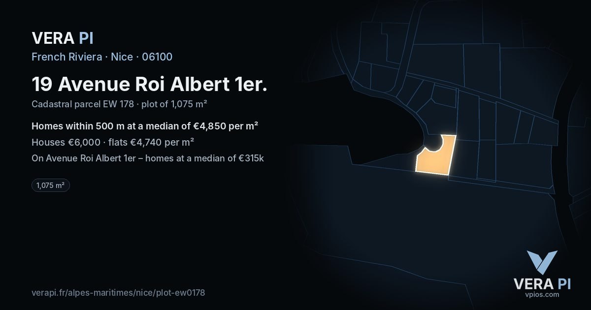 19 Avenue Roi Albert 1er, Nice at night – the plot lit, the parcels around coloured by the prices near them