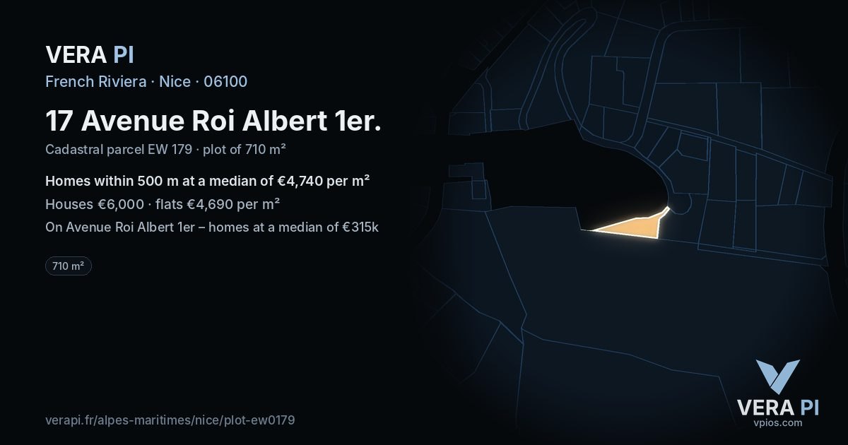 17 Avenue Roi Albert 1er, Nice at night – the plot lit, the parcels around coloured by the prices near them
