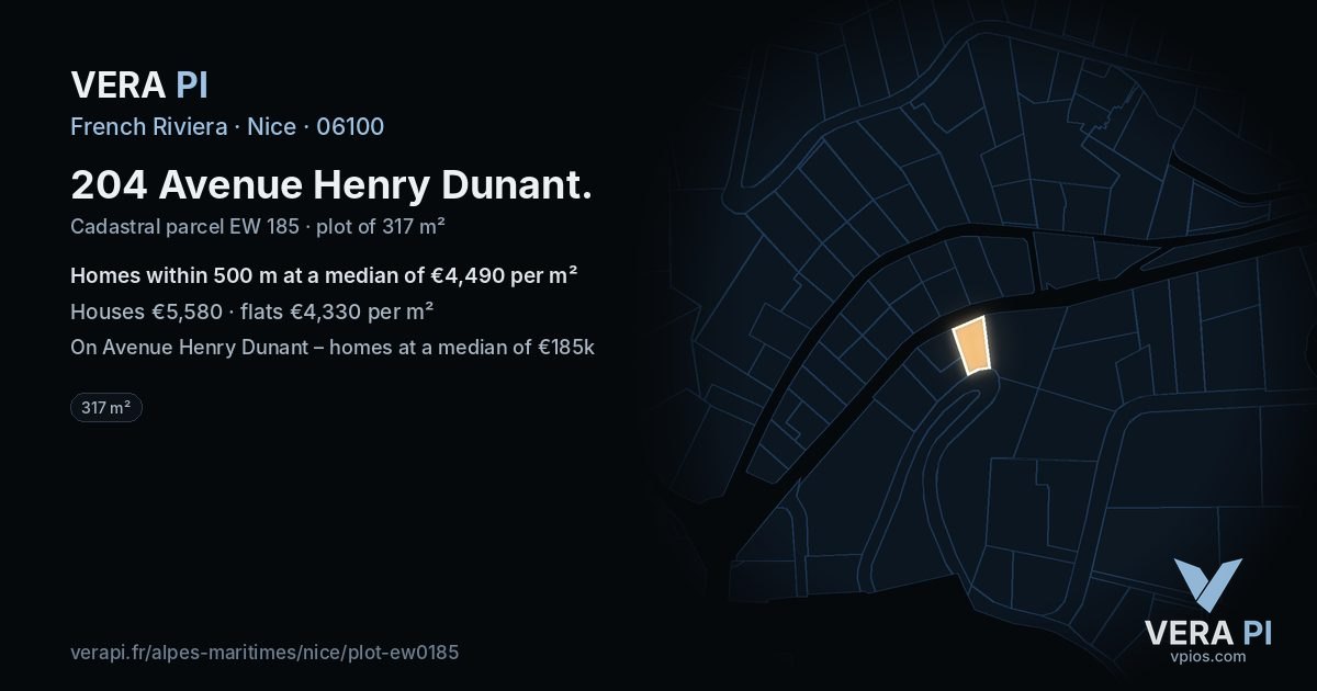 204 Avenue Henry Dunant, Nice at night – the plot lit, the parcels around coloured by the prices near them