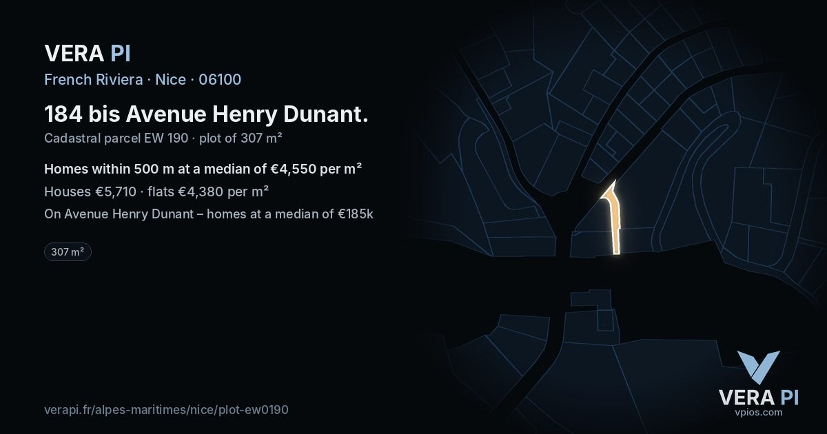 184 bis Avenue Henry Dunant, Nice at night – the plot lit, the parcels around coloured by the prices near them