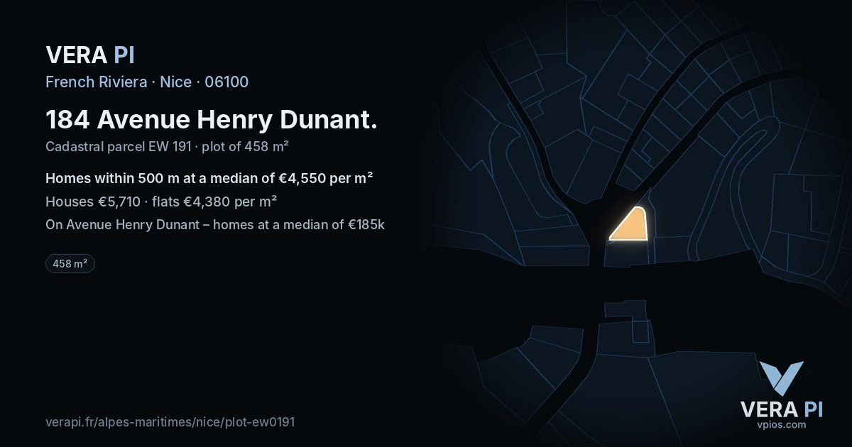 184 Avenue Henry Dunant, Nice at night – the plot lit, the parcels around coloured by the prices near them